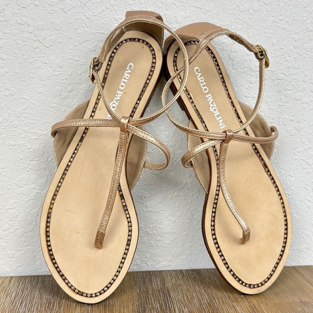 Carlo Pazolini Women’s Gold Leather Thong Sandals Ankle Strap Flat Sz EU 36 US 6